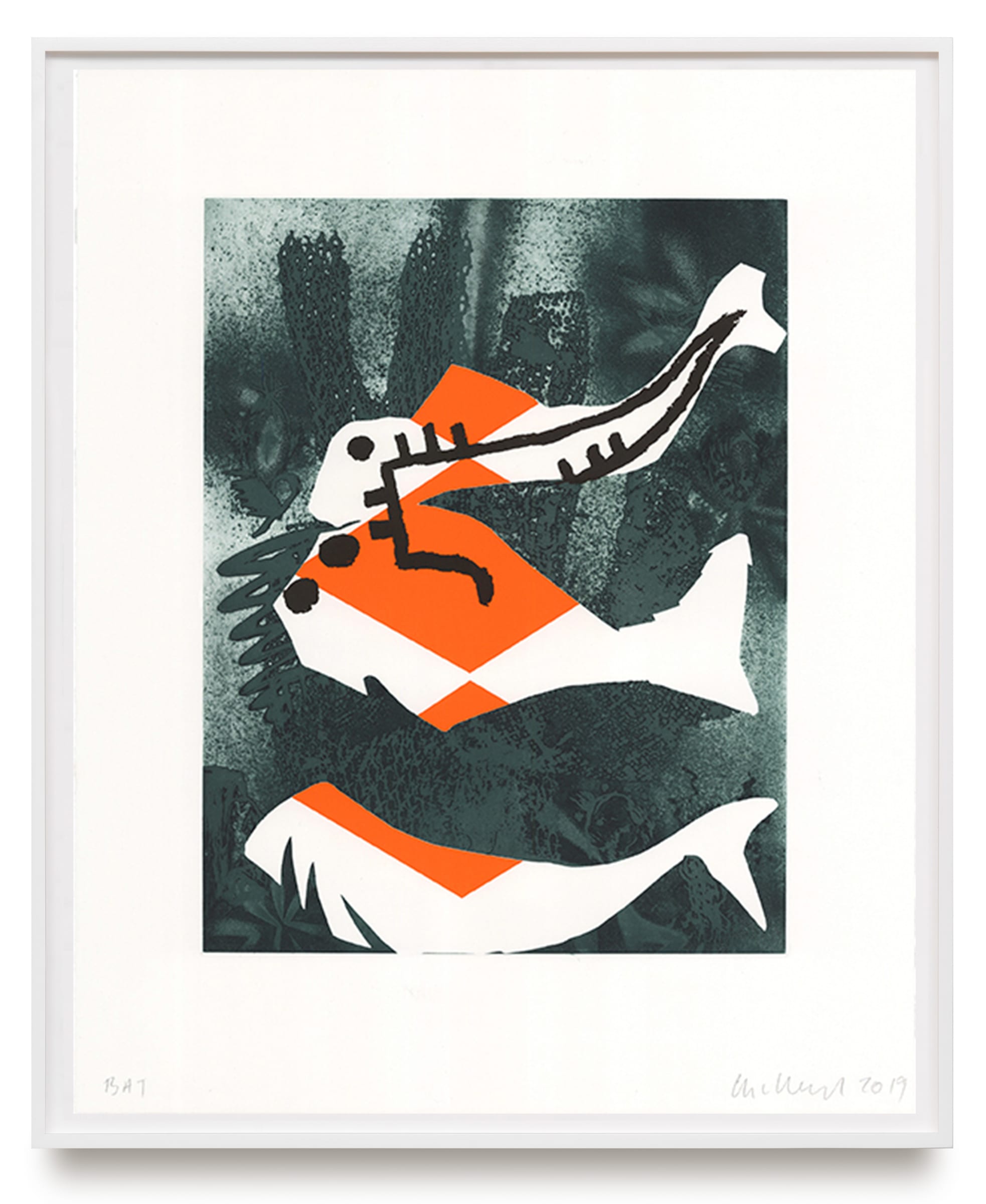Charline von Heyl The Fish Can't Hear You, 2019 Intaglio with relief, framed Signed and dated recto Paper dimensions: 62.5 x 51.1 cm / 24.6 x 20.1 inches Framed dimensions: 66.8 x 55.1 cm / 26.3 x 21.7 inches Edition of 22