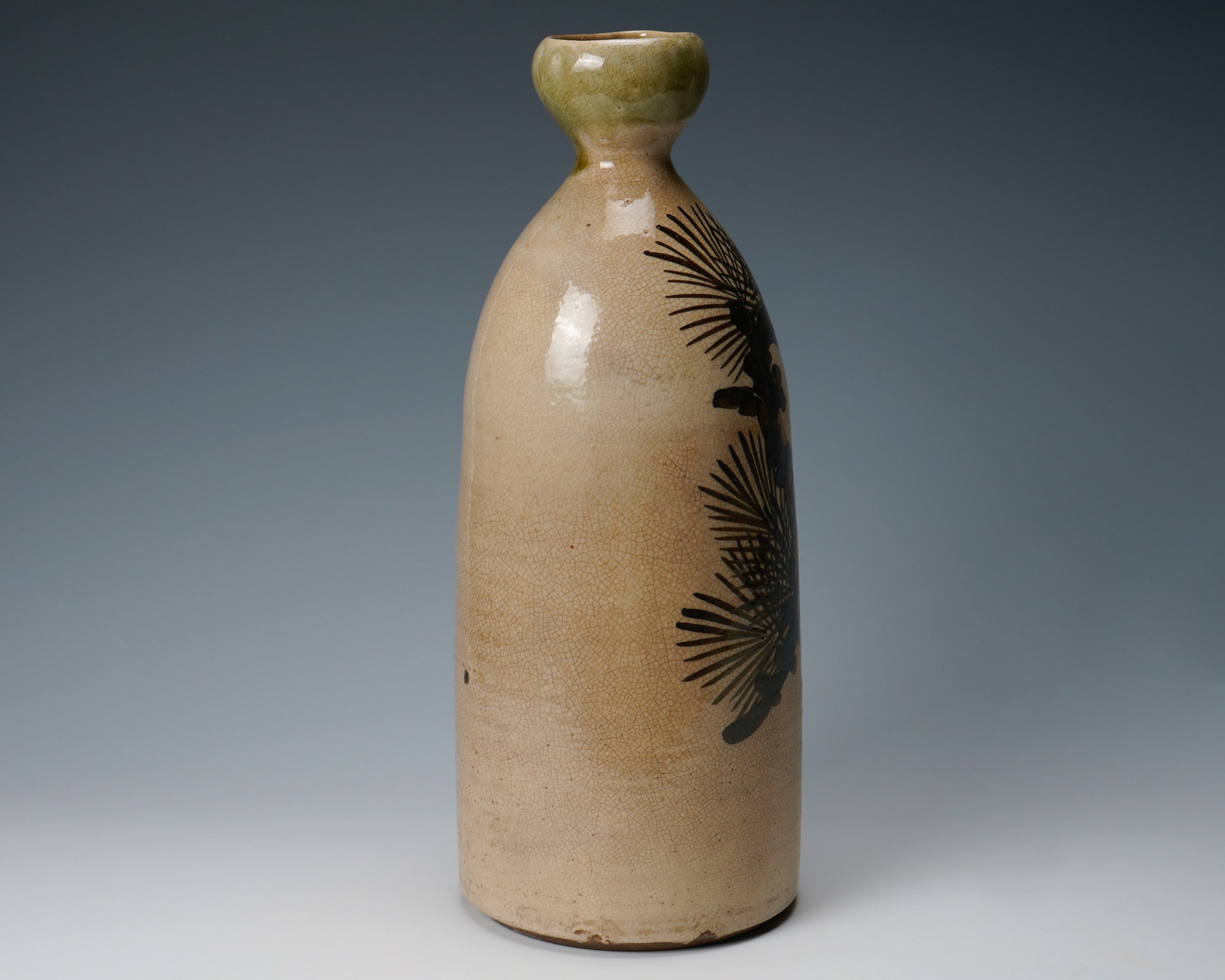 No. 1 Large Seto sake bottle with iron painted pine tree and