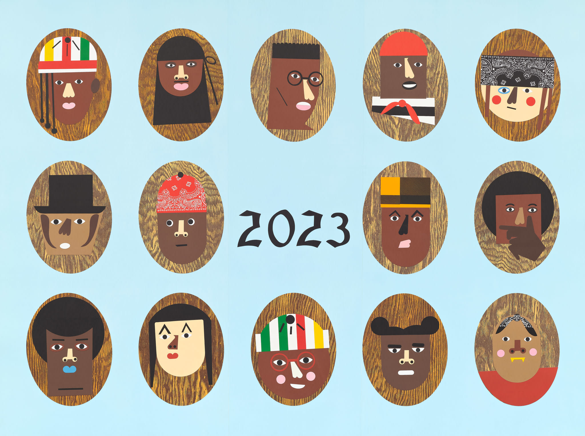 Homiesexuals 2, 2022 Collage on panel Paper size: 71 3/4 x 95 3/4 inches Framed size: 73 1/4 x 97 1/4 x 1 3/8 inches T-frame size: 106 x 9 x 78 inches