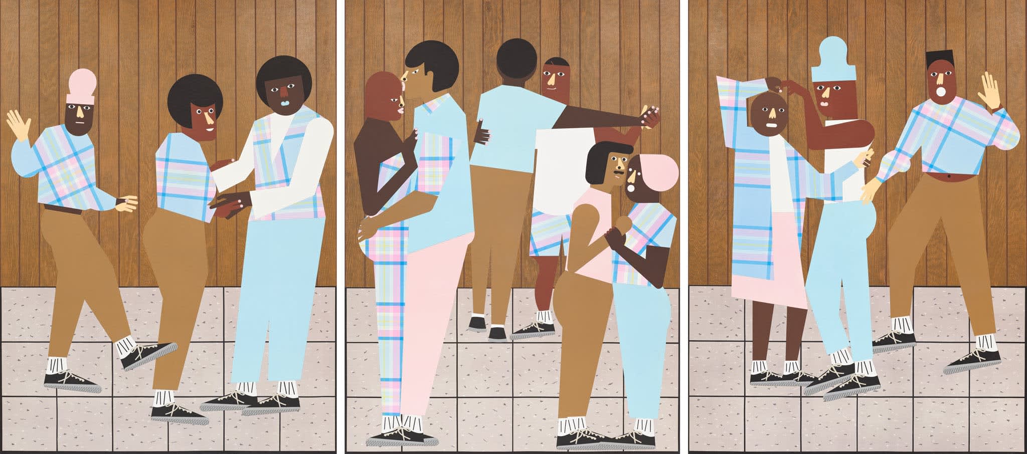 Day party, Gay party, 2022 Triptych collage on panel Paper size: 96 x 72 inches, each Framed size: 97 1/2 x 72 1/2 x 1 3/8 inches, each