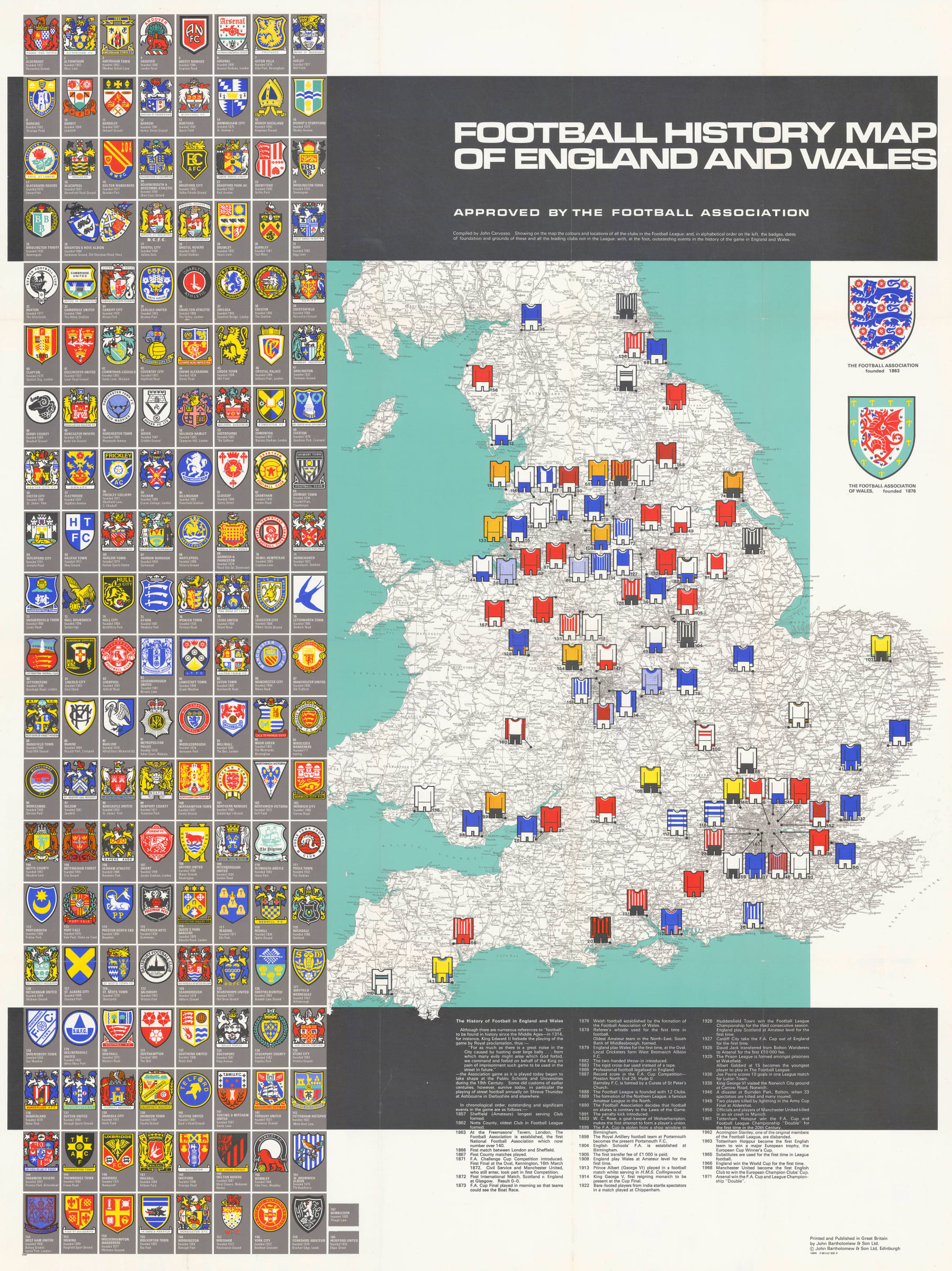 England Football Map BARTHOLOMEW社製'70年代 John Bartholomew & Son, Football History Map of England & Wales