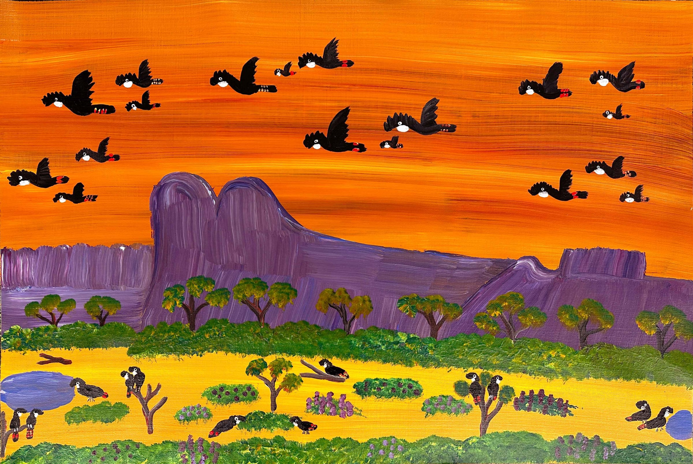 Kukula McDonald Red tailed Black Cockatoos Flying To Papunya By Kukula kukula-mcdonald-red-tailed-black-cockatoos-flying-to-papunya-by-kukula