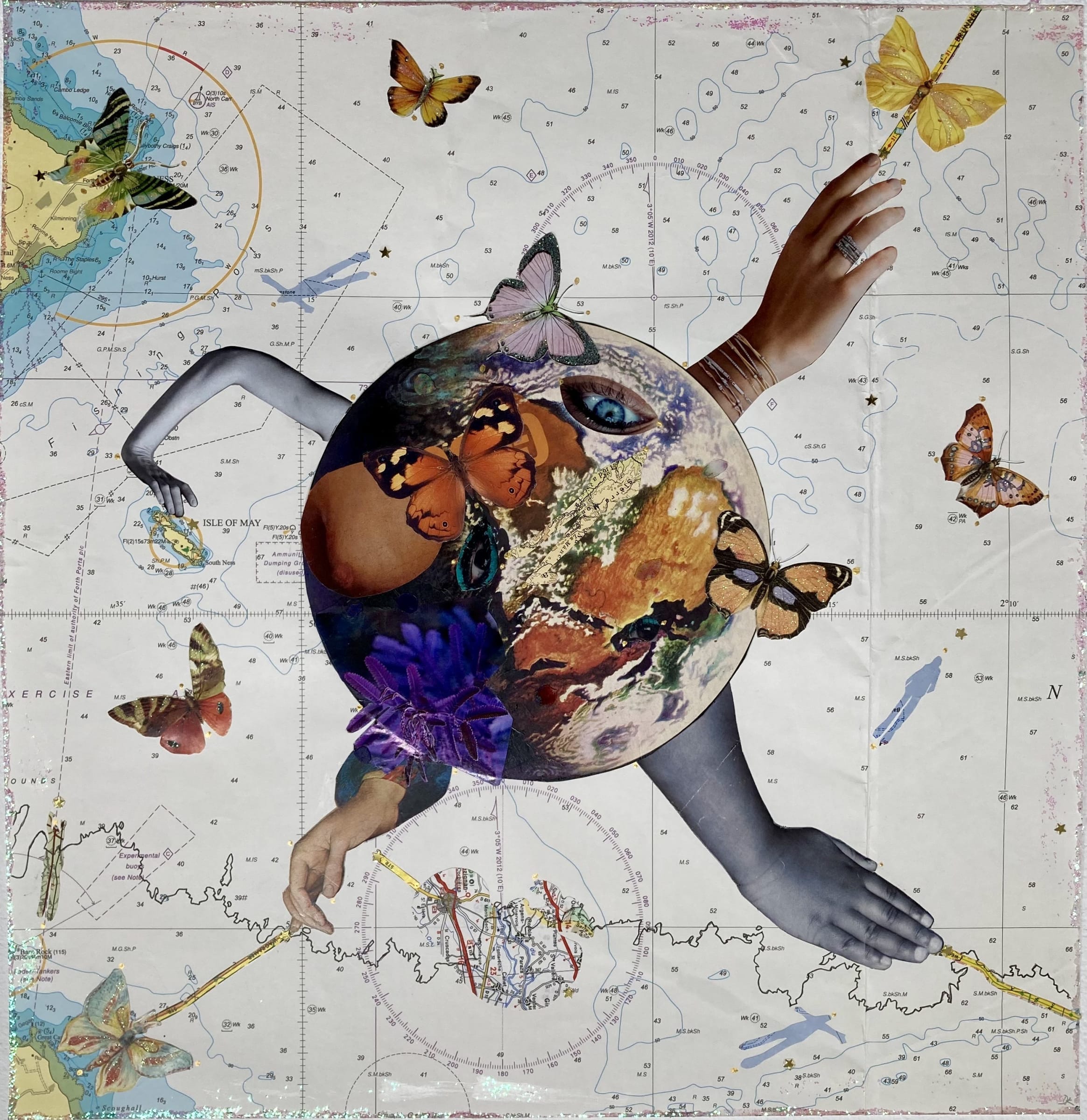 Déirdre Kelly, ‘Sky Water’, 2023, collage & mixed media on nautical chart, 40cm x 40cm