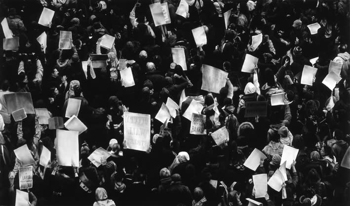 Robert Longo, Untitled (Day of Action, OWS), 2012, Signed and dated verso lower right ,Charcoal on heavyweight paper mounted on honeycomb aluminium, framed: 71.10 x 120.78 x 2.9 inches, 180.6 x 306.5 cm x 7.5 cm