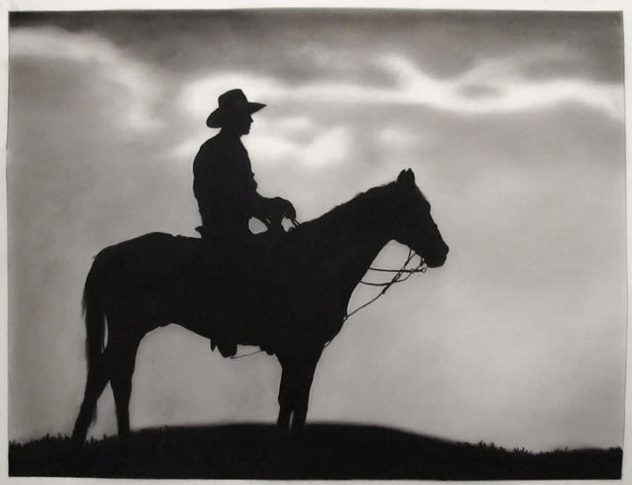 Robert Longo, Study of Lone Cowboy, 2012, Titled verso lower left, signed and dated verso lower right, Ink and charcoal on vellum, 15.8 x 21 inches 40 x 53.3 cm (image size), 30 x 33.6 x 1.65 inches, 76 x 85.3 x 4.2 cm (framed)
