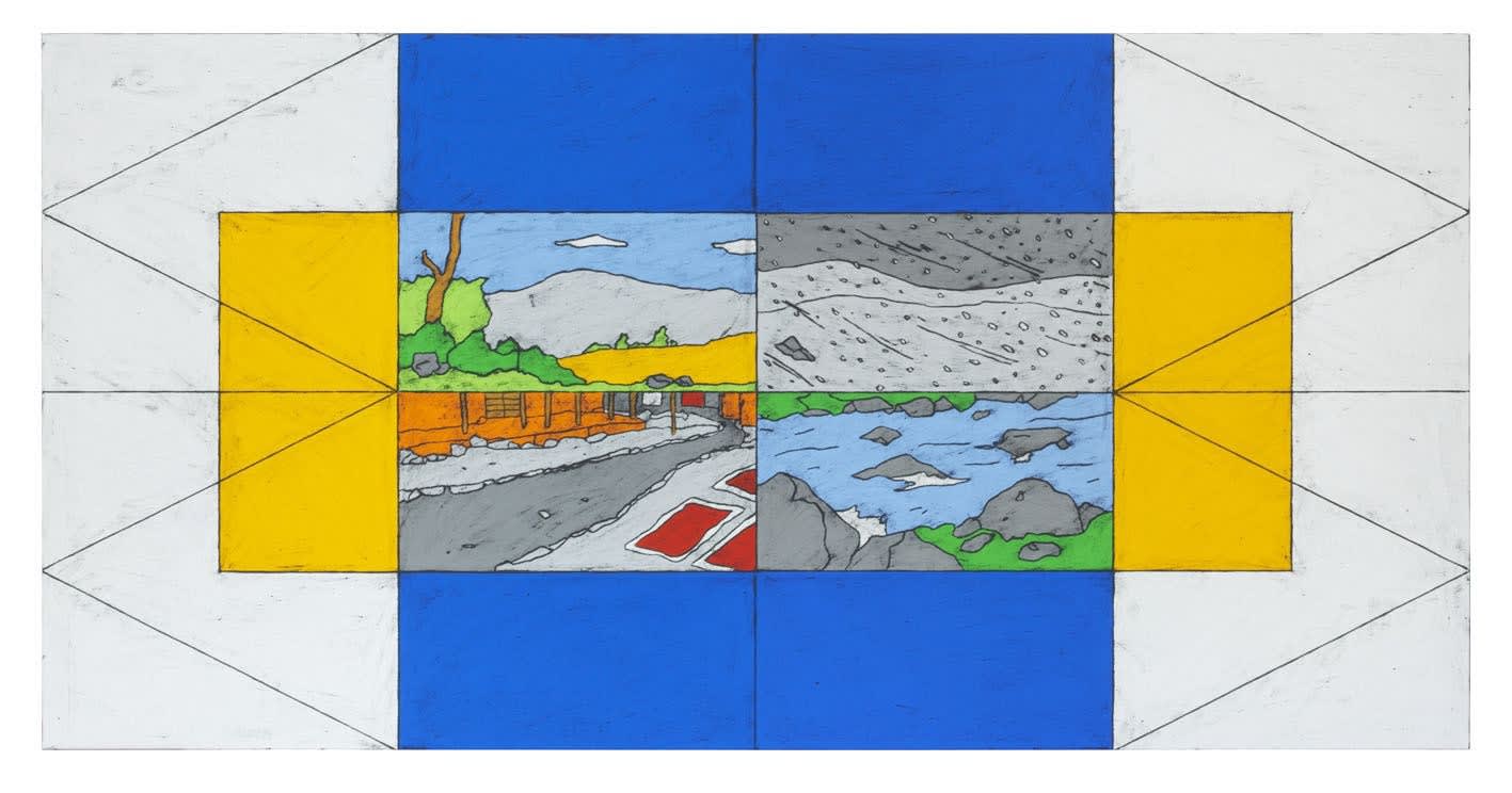 Matt Mullican, Untitled (World Unframed Landscapes), 2016, Oil stick rubbing and gouache on canvas 150 x 300 cm / 59.1 x 118.1 inches