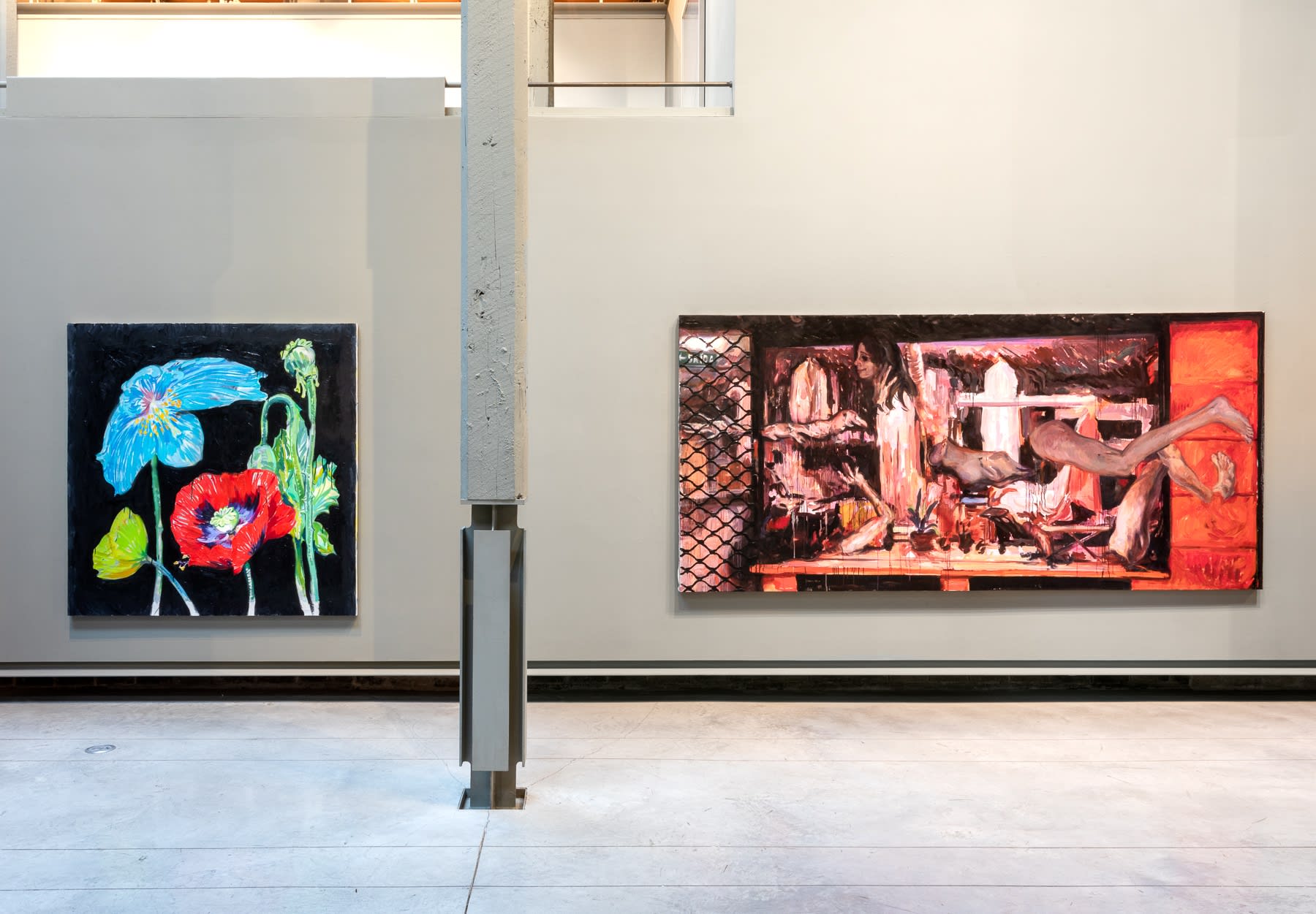 Left to right: Rafael Yaluff, Methadone, 2019, oil and acrylic on canvas, 63 x 63 in. Rafael Yaluff, Laundry, 2019,...