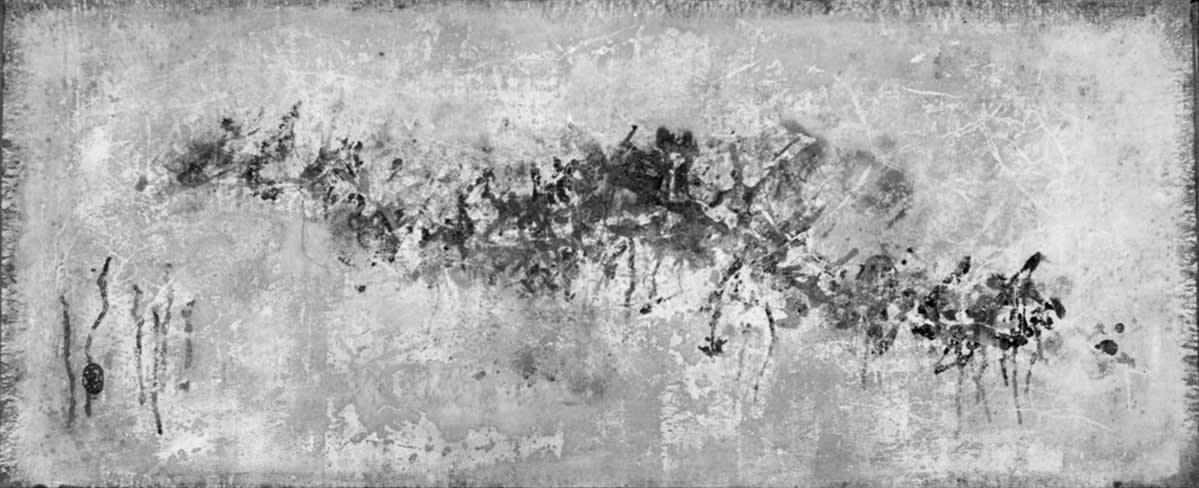 When Will the Autumn Moon and Spring Blooms Come to An End 春花秋月何時了 1959 Plaster ground, oil, and ink on canvas 45 × 110 cm – Black-and-white Photograph