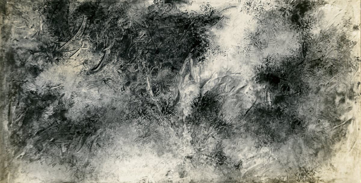Between Tears and Laughter 哭之笑之 1960 Plaster ground, oil, and ink on canvas 92 × 186 cm – Black-and-white Photograph