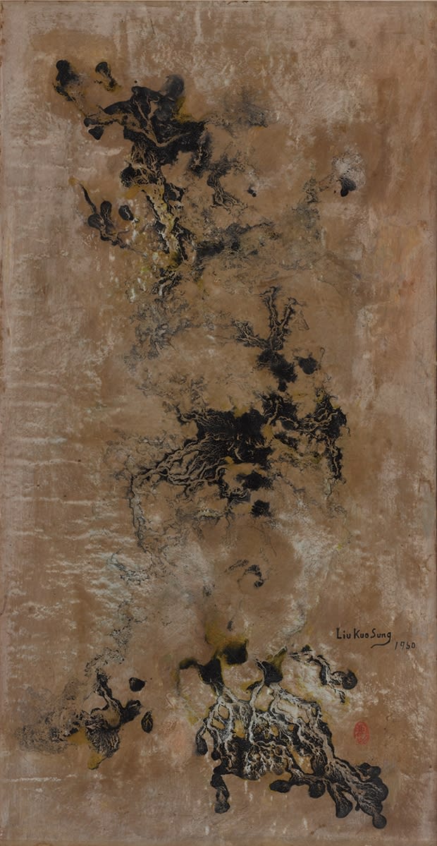 I Came Here to Listen to the Heavenly Speeches 我來此地聞天語 1960 Plaster ground, oil, and ink on canvas 82 × 42 cm