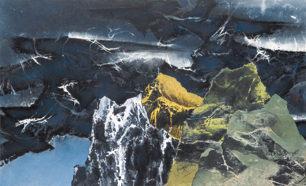 Dusk Amidst Green Mountains 暮徒碧山下 1967 Ink and color with collage on paper 57.6 × 94.4 cm