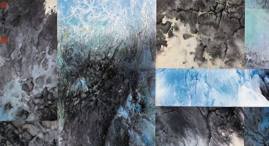 Variations on Mountains and Rocks 山石變奏 1988 Ink and color with collage on paper 57.5 × 105.5 cm