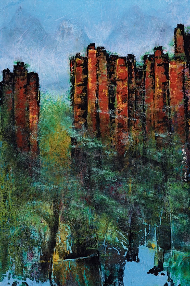 Impression of Zhangjiajie Series No.6 夕陽抹紅石壁：張家界印象之六 2006 Ink and color on tracing paper 96.5 × 64.5 cm