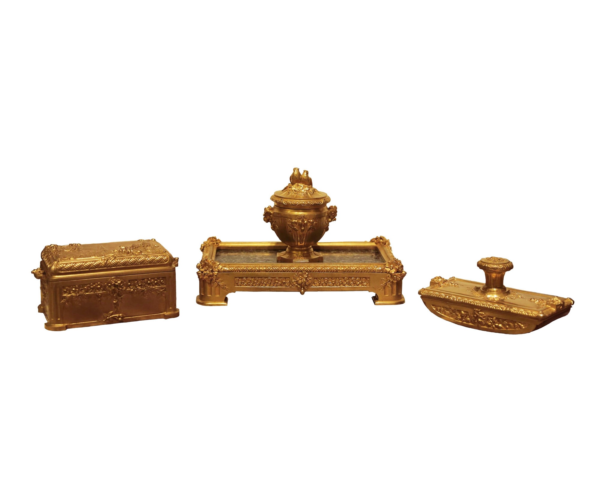 Ferdinand Barbenne Three Piece Bronze Gilt And Marble Desk Set Three Piece Bronze Gilt And Marble Desk Set