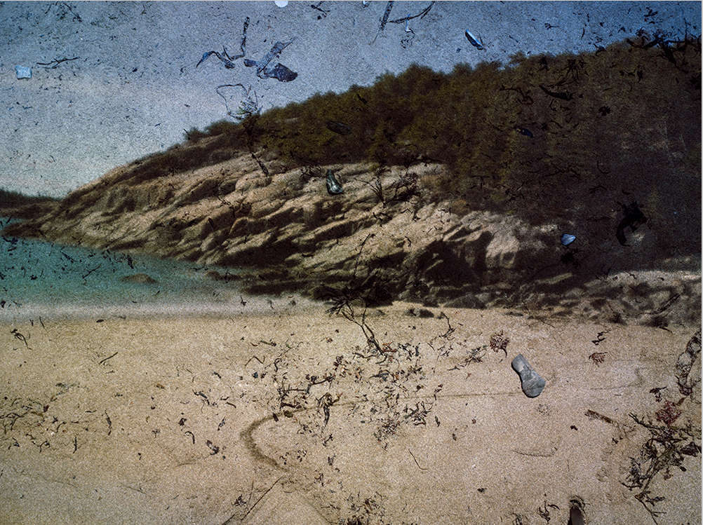 Tent-Camera Image on Ground Sand Beach and Rocks, Acadia National Park, Maine