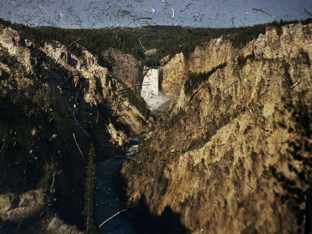 Tent-Camera Image on Ground View of the Grand Canyon and Lower Falls, Yellowstone National Park, Wyoming