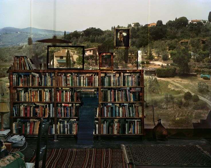 Camera Obscura: View of Landscape Outside Florence in Room with Bookcase