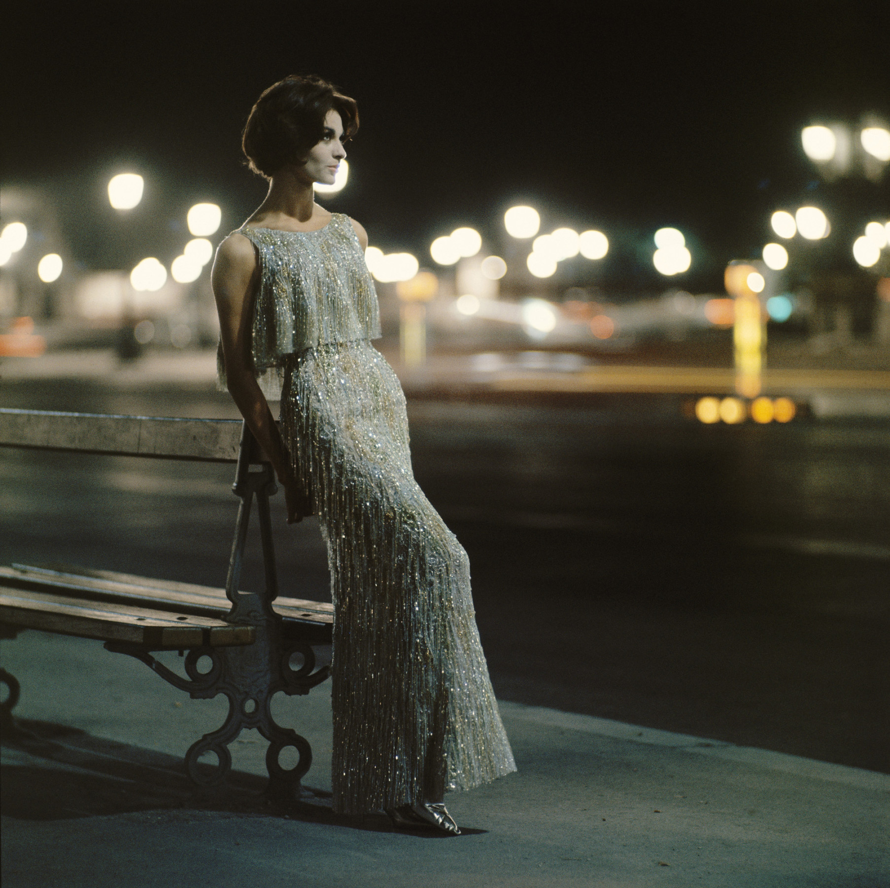 Photographed for Dior, silver sequin dress at night