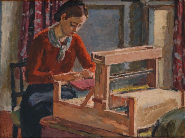 Angelica Weaving, painting by Vanessa Bell. Angelica is weaving in The Studio at Charleston
