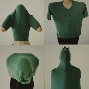 A photographic series of a model performing positions within their green t-shirt.
