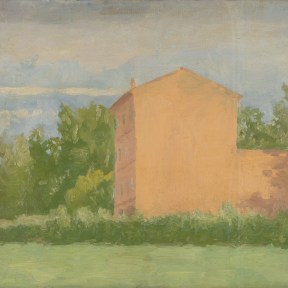 An oil on canvas painting of a landscape featuring a house in a field.