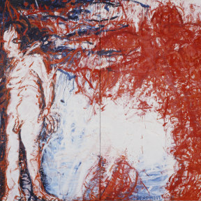 Oil painting comprised of two panels detailing Adam and Eve and their expulsion from paradise. The background is mostly white. The left panel includes a female and male figure rendered in red energetic brushmarks in front of a dark blue tree-like shape, w