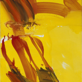 An oil painting in vibrant yellow with strong gestural brush marks in red and brown.
