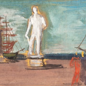 Detail of a tempera painting of a Piazza with a monument by the sea.
