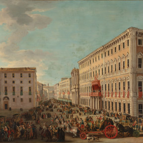 Oil painting of a carnival in Piazza S.Marcello, Rome.