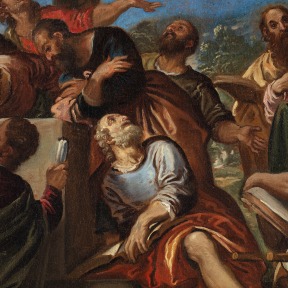 Detail of an oil painting of the assumption of the Madonna.