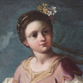 Detail of an oil on canvas painting of a young girl with flowers in her hair and a dark blue background.