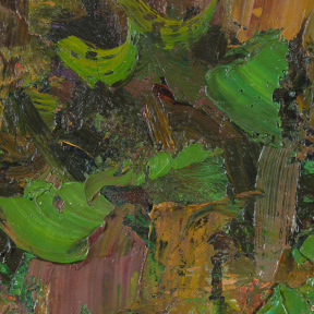 Detail of an abstract oil painting of a landscape in green, brown and blue.