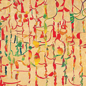 A mixed media artwork made up of red, green and yellow on a beige background.