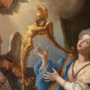Detail of an oil painting of St Cecilia playing the harp amongst an angel and three cherubs.