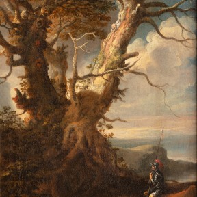 An oil painting of a landscape, a large tree and a soldier with a Halberd.