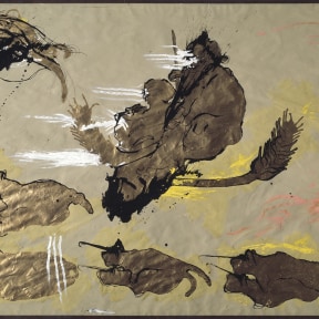 A mixed media work on paper depicting abstract forms resembling organic matter, such as plants and leaves, rendered in gold, black, pink and yellow.