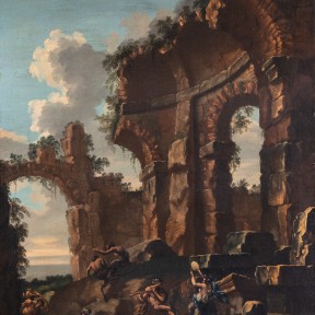 An oil painting of figures dancing among ruins.