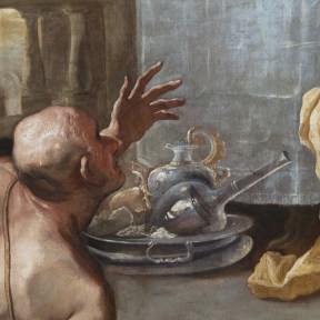 Detail of an oil painting of the rich man and Lazarus parable found in the gospel of Luke 16: 19–31. The painting depicts a rich man with empty plates, surrounded by servants after finishing his meal, while in the foreground is the beggar Lazarus.