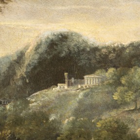 Detail of an oil painting of the Roman landscape.