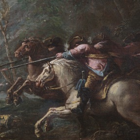 Detail of an oil painting of a battle in the forest.