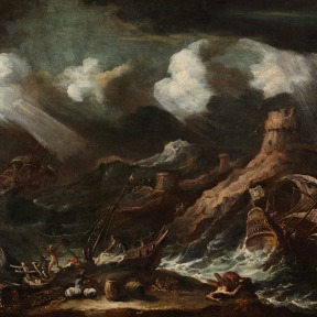 An oil painting of a fortification with storm and shipwreck.
