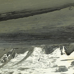 A detail of an oil on canvas abstract grey painting with white and black highlights.