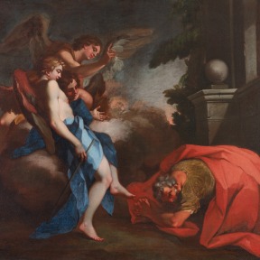 An oil painting of the biblical event the Trinity, three angels visiting Abraham at the Oak of Mamre (Genesis 18:1–8). Abraham is cloaked in rich red, while the angels are draped in vibrant blue.