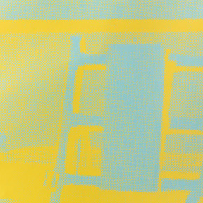 Detail of a silkscreen print of an electric chair in yellow and blue.