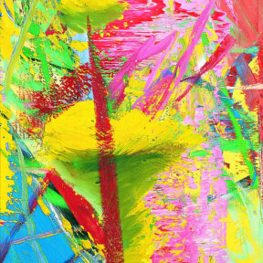 An abstract oil painting in blue, yellow, red, green, pink and black.