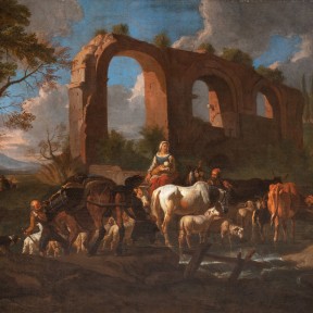 Detail of an oil painting of a landscape with figures and aqueducts.