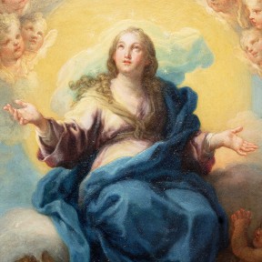 Detail of an oil painting of the Virgin Mary surrounded by cherubs.