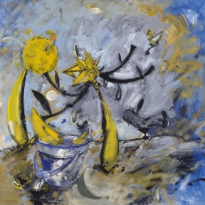 Acrylic abstract painting on canvas in yellow, blue and black.