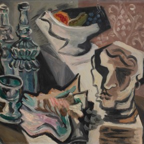 Detail of an oil painting of a still life with bottles, a fruit bowl and a bust.