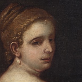 Detail of an oil painting of a portrait of a young woman.